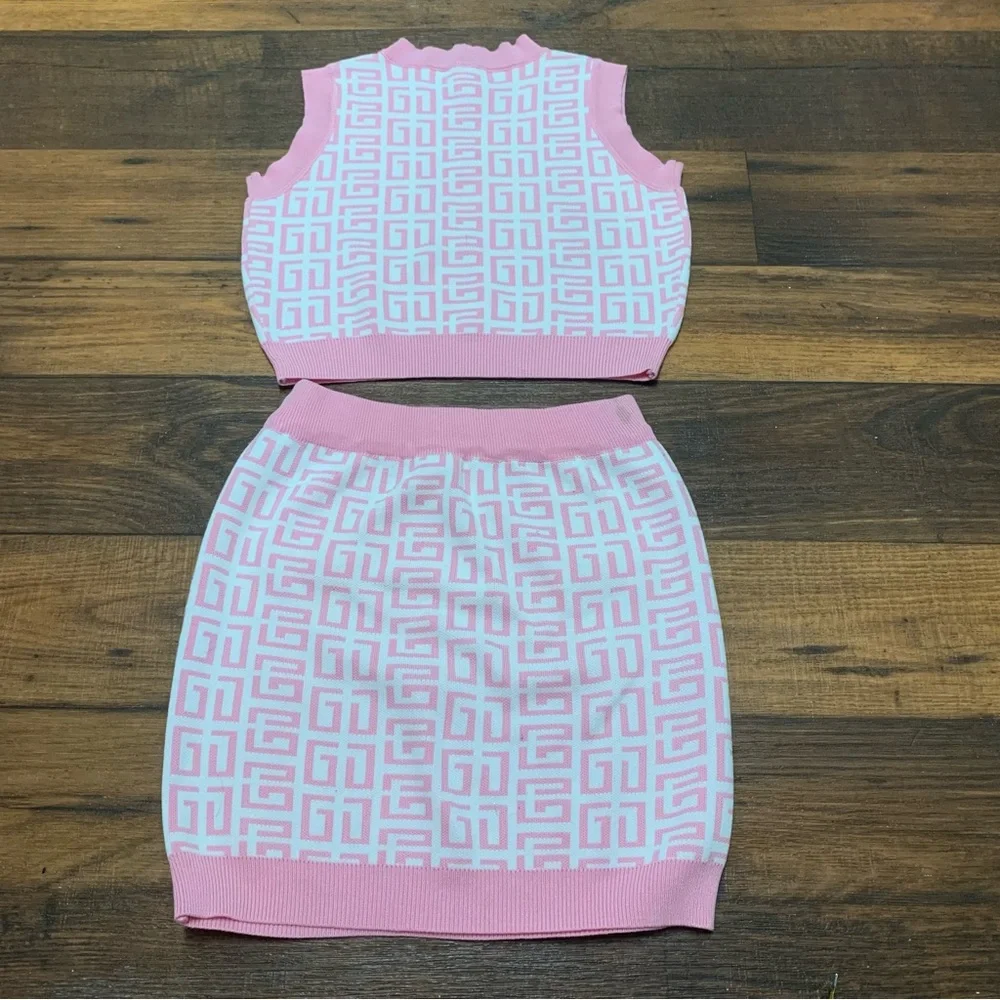 Girls Pink & White Knit 2-Piece Skirt Set Sleeveless Faux Button Front Size L